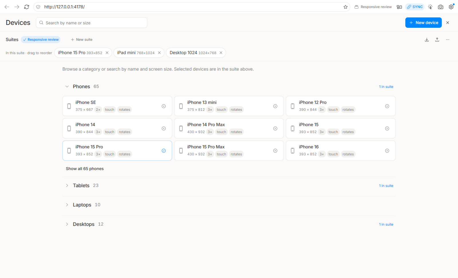 Respo device library with expandable categories and saved device suites.