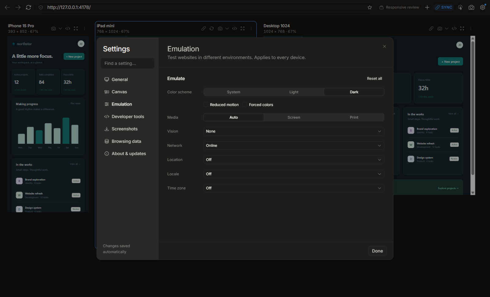 Respo Emulation settings with color scheme, network, location and accessibility options.