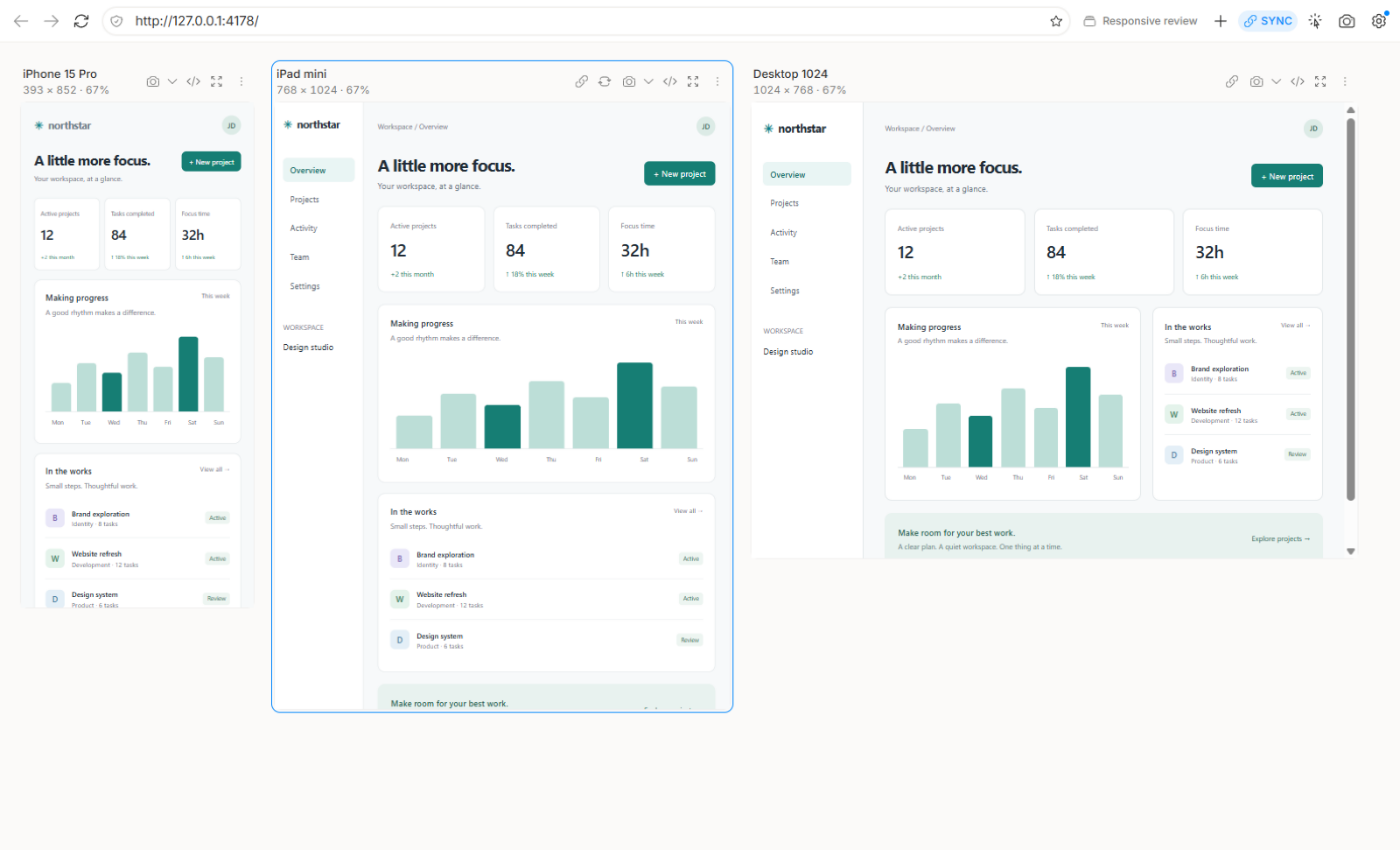 Real Respo interface showing the same page at phone, tablet and desktop sizes.
